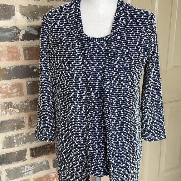 Kasper Sweater TwinSet Navy White Belted Open Front Cardi & Shell Tank Slub Knit - Picture 4 of 15